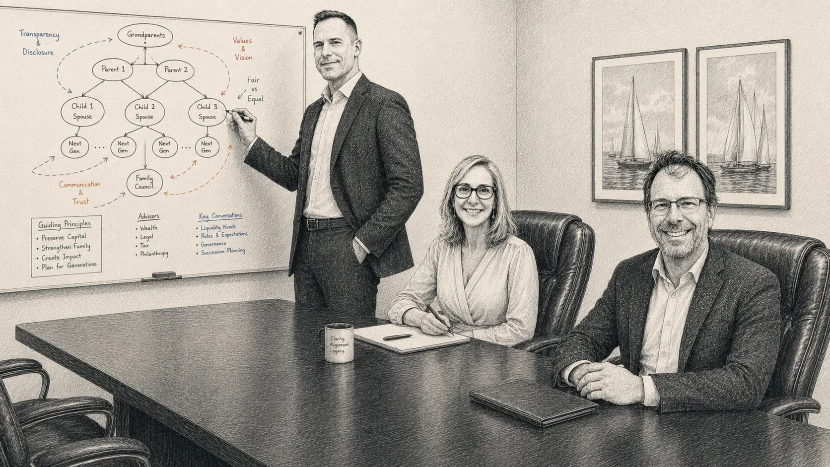 Engraving of the three principals in the firm's conference room